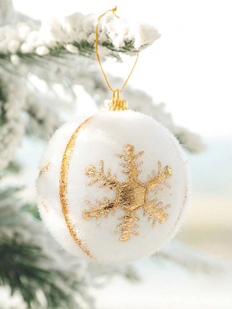 6pcs Christmas Snowball Hanging Ornaments, White and Gold Snowflake Design, Soft Foam Baubles for Christmas Trees, Parties, and Winter Fireplace Decor