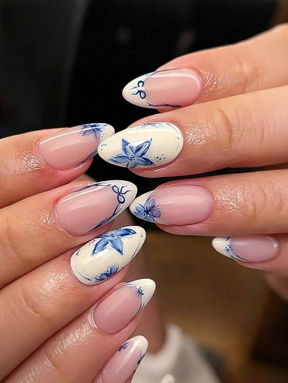 24pcs Medium Almond Press On Nails, Beige Yellow French Tips With Blue Flower Bow Design, Minimalist Summer Nail Set For Women Daily Wear