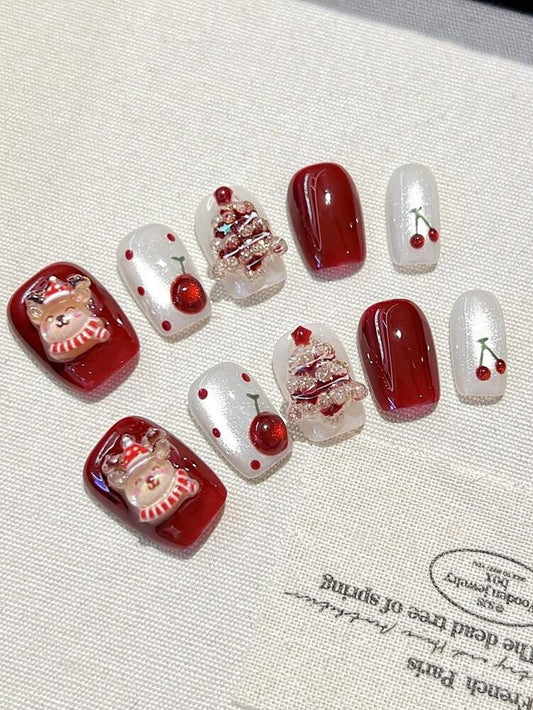 10pcs Handmade Christmas Press On Nails, Short Nails With Tree Reindeer And Cherry Decorations, Acrylic Nail Set For Women Holiday Gift