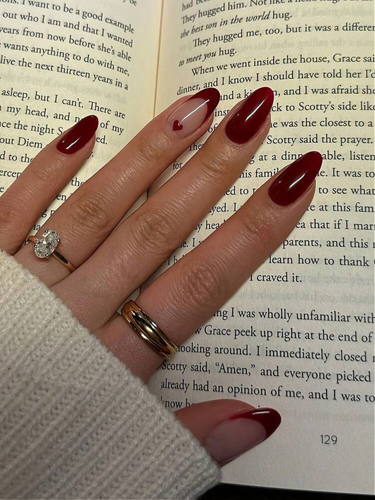 24pcs Almond Press On Nails, Romantic Red French Style With Heart Pattern, Glossy Reusable Nail Set For Women Valentine Party Daily Wear