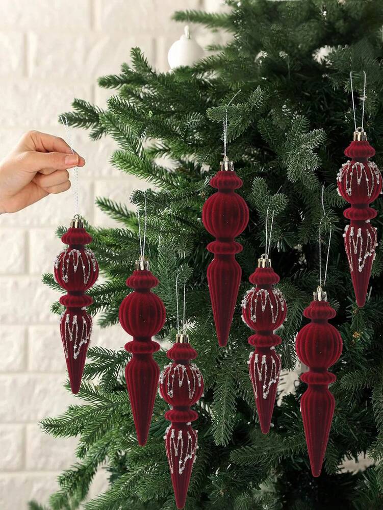 6/12pcs Velvet Christmas Ornament Set (7"), Textured Shatterproof Burgundy Tree Decorations, Elegant Holiday Home Decor