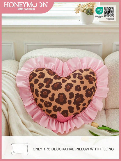 1pc Leopard Print Heart-Shaped Throw Pillow, Romantic French Ruffle Design, Decorative Cushion for Sofa, Bedroom or Living Room, OEKO-TEX Certified