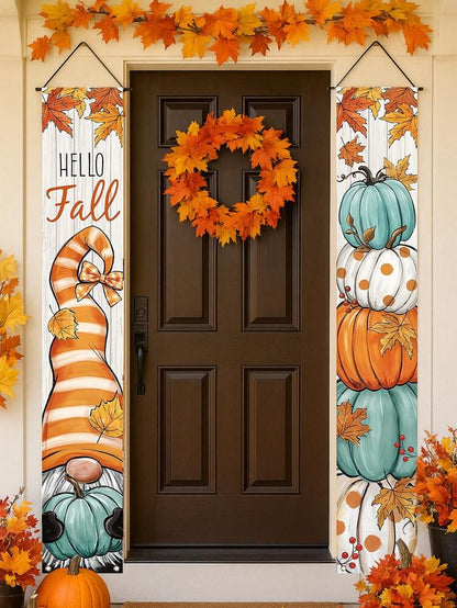 Thanksgiving Pumpkin Gnome Door Banner Set, 30x180cm Polyester Hanging Porch Sign, Autumn Harvest Decoration for Farmhouse Indoor & Outdoor Display