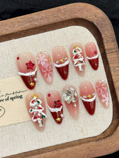 10pcs Merry Christmas Press On Nails, Almond Nude Base Red Ombre Tips With Snowflake And Gold Star Design, Cute Holiday Nail Set Gift