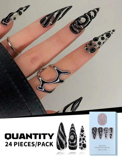 24pcs Long Pointed Handmade Press On Nails, Asymmetric Transparent Black Line Y2K Design, Glossy Nail Set With Glue & File For Party Daily Wear