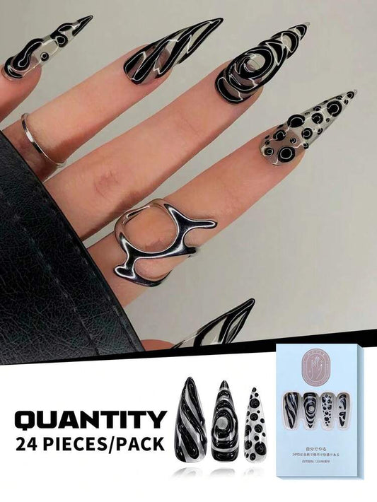 24pcs Long Pointed Handmade Press On Nails, Asymmetric Transparent Black Line Y2K Design, Glossy Nail Set With Glue & File For Party Daily Wear