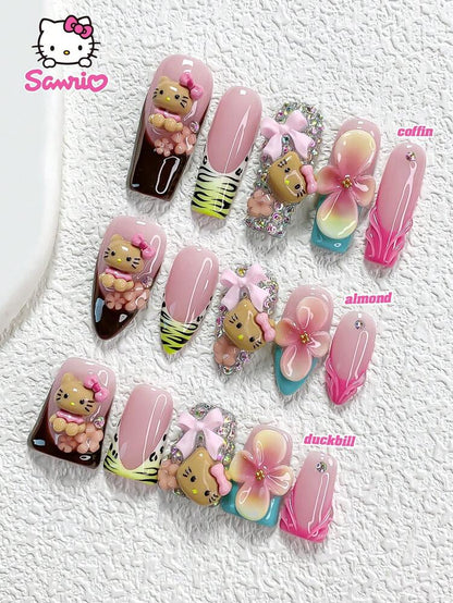 10pcs Sanrio Autumn Press On Nails, Duckbill Almond Coffin Mix With Brown Kitty And Gradient Pink Diamond Nails, Luxury Rhinestone Nail Set