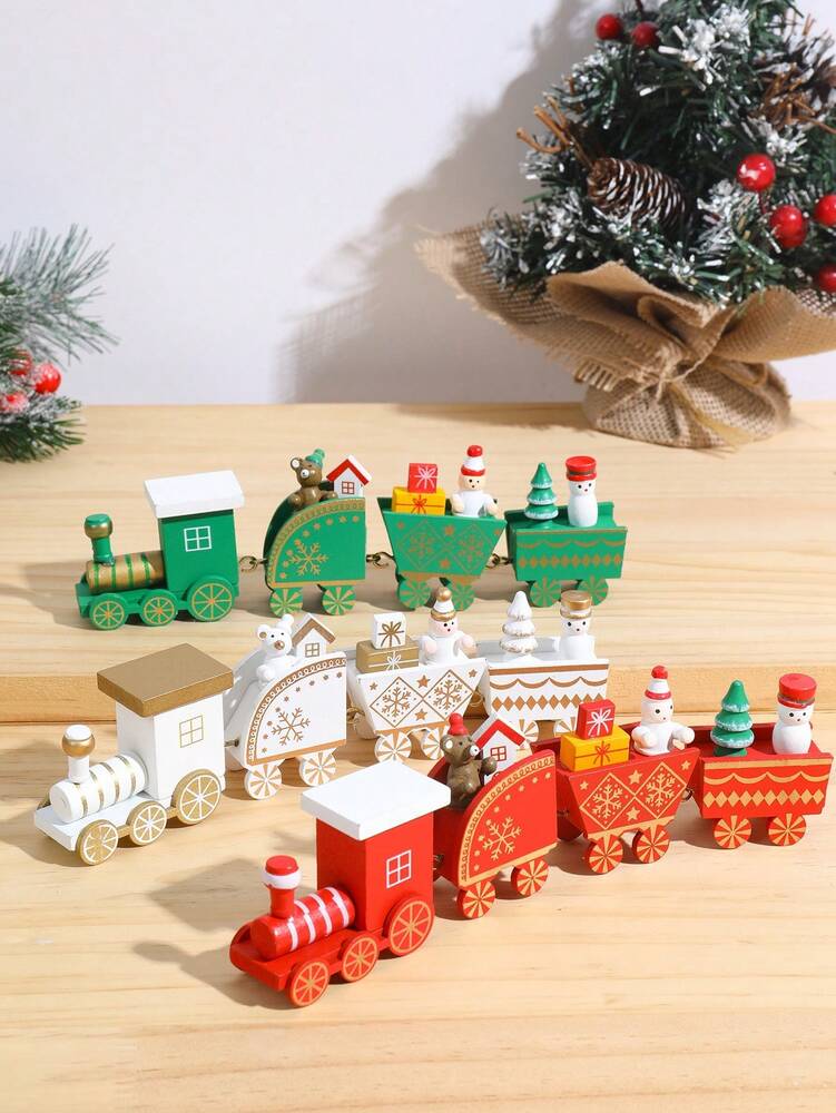 1pc/3pcs Wooden Christmas Train Ornament, Four-Section Tabletop Decoration for Windows, Gardens & Home Holiday Displays