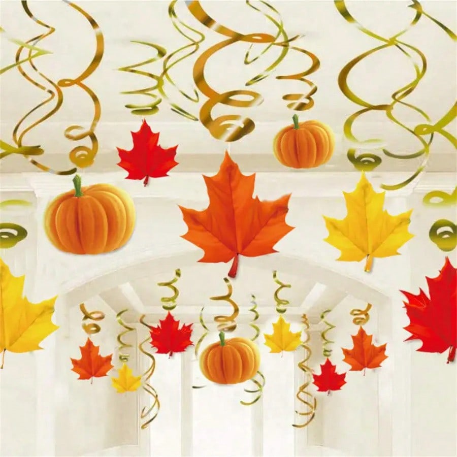 Thanksgiving Hanging Swirl Decorations (22pcs), Autumn Pumpkin and Maple Leaf Party Ornaments for Home, Classroom, or Office Fall Holiday Decor