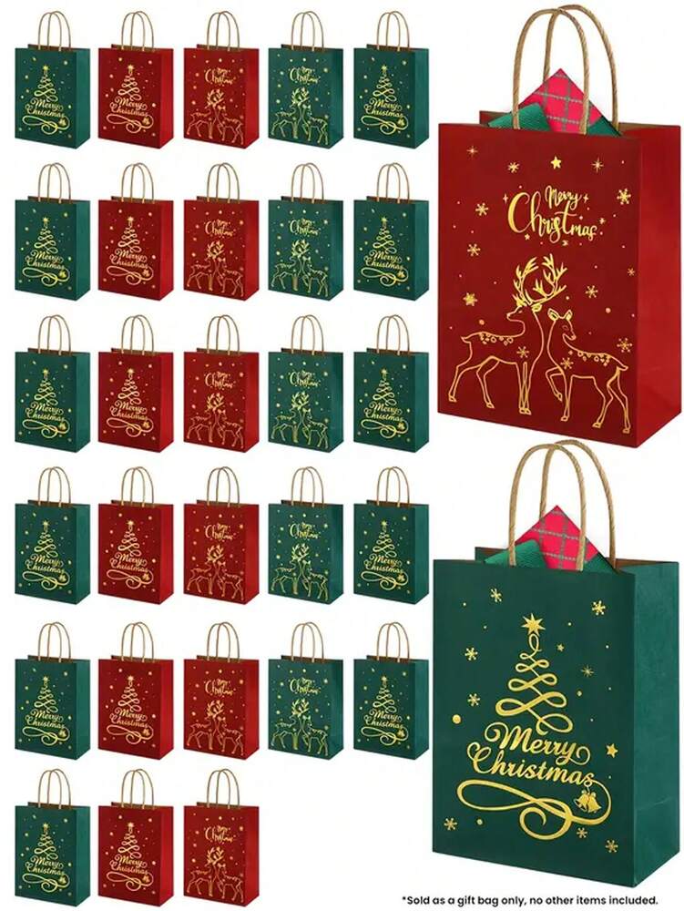 48pcs Christmas Paper Gift Bags with Handles, Red & Green Reindeer and Tree Pattern Foldable Shopping Bags for Holiday Packaging & Home Decor