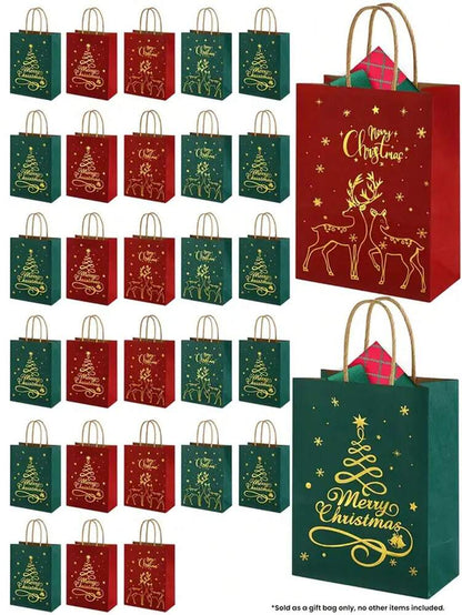 48pcs Christmas Paper Gift Bags with Handles, Red & Green Reindeer and Tree Pattern Foldable Shopping Bags for Holiday Packaging & Home Decor