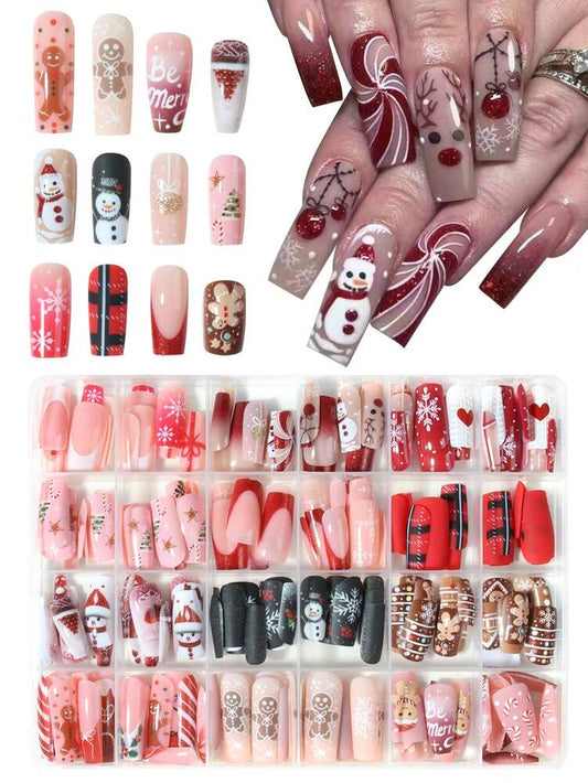 288pcs Short Square Christmas Press On Nails, Gingerbread Santa Snowflake And Tree Mix Design, Acrylic False Nail Kit For Women Party Use