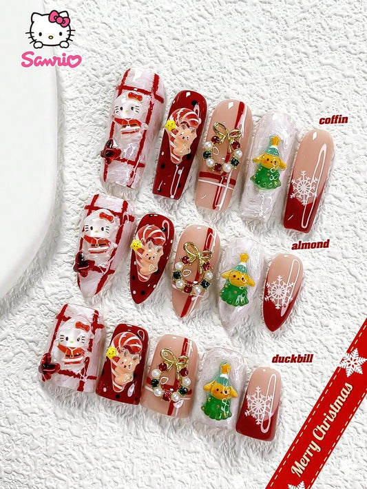 10pcs Snow Press On Nails, 3D Santa And Gift Box Design With Candy Cane And Tree Charms, Handmade French Tips For Women Christmas Daily Use