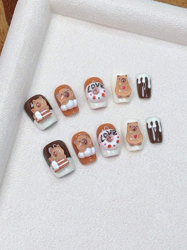 10pcs Short Trapezoid Press On Nails, Brown And White Capybara Design, Cute Handmade Acrylic Nails For Women Daily School Or Party Wear