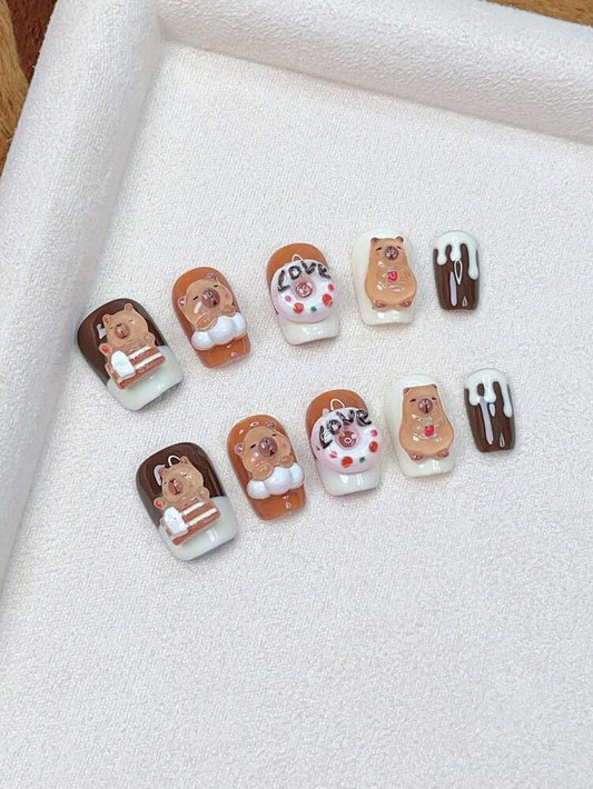 10pcs Short Trapezoid Press On Nails, Brown And White Capybara Design, Cute Handmade Acrylic Nails For Women Daily School Or Party Wear