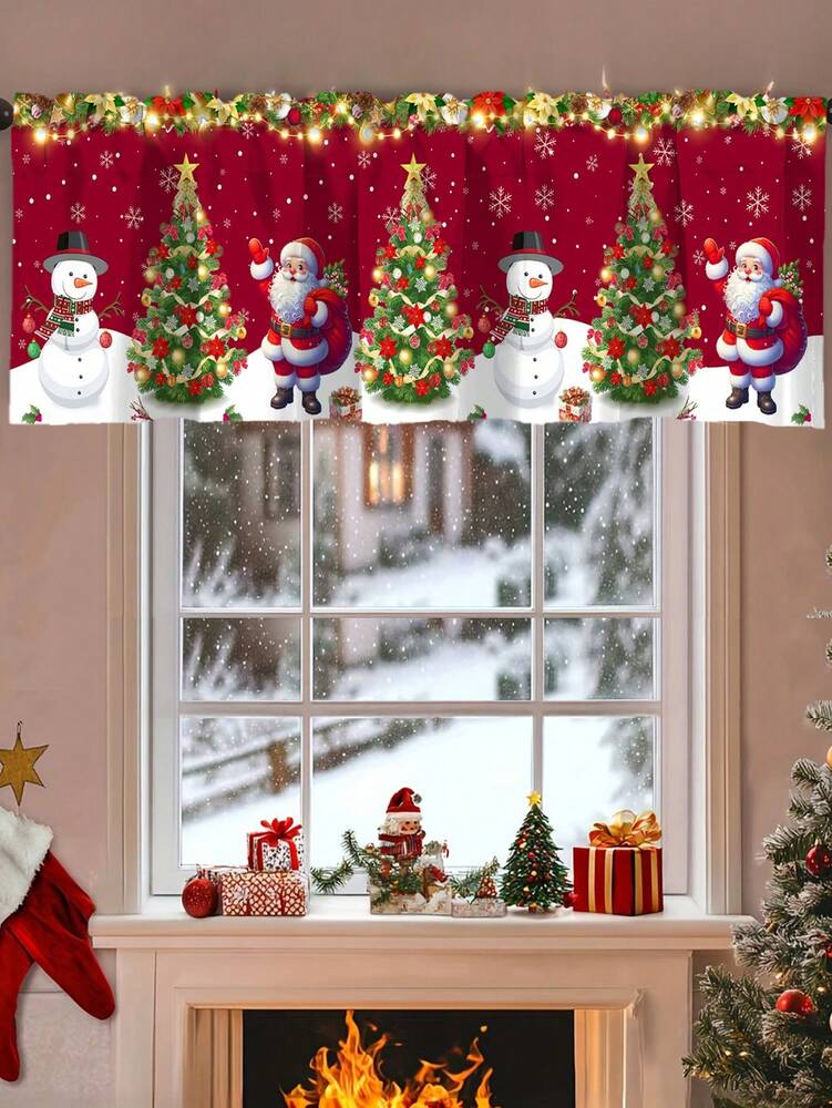 Santa Claus & Snowman Christmas Curtain Valance, 1–2 Piece Polyester Window Decor with Rod Pocket for Kitchen, Living Room or Bedroom