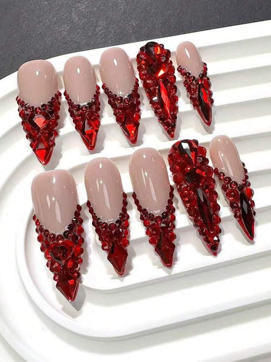 10pcs Coffin Press On Nails, Handmade Red French Tips With Diamond Embellishments, Luxurious Glossy Nail Set For Women Glam Look