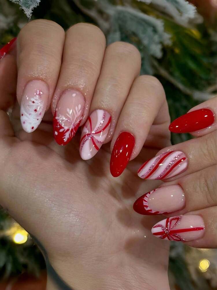 24pcs Almond Red White Rabbit Press On Nails, Ribbon And Heart Design, Cute Christmas Nail Set For Women Girls Holiday Wear
