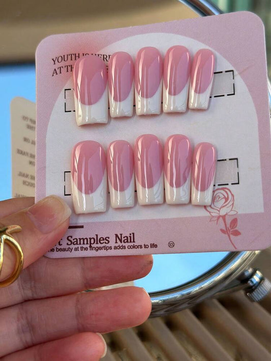 10pcs Square Medium French Press On Nails, Pink White Glossy Minimalist Design, Classic Handmade Nail Set For Women Daily Or Party Wear