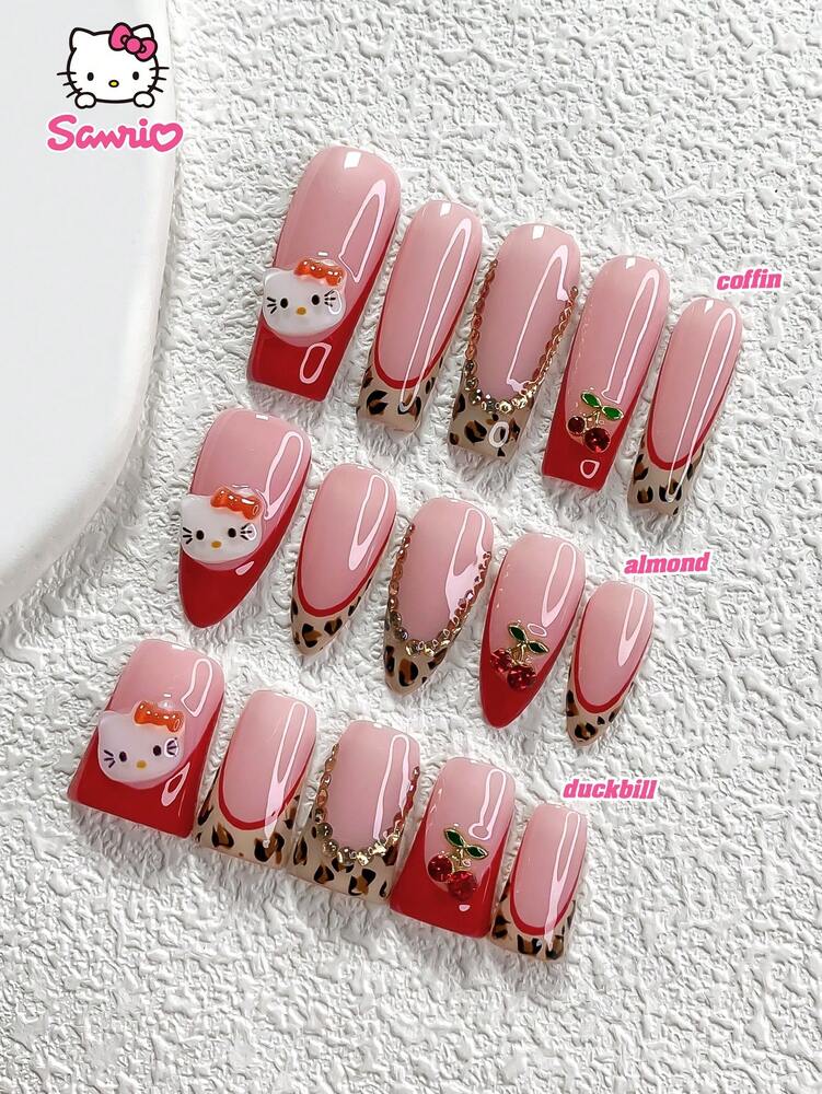 10pcs Sanrio Fall Press On Nails, 3D Hello Kitty Red French With Leopard Pattern And Rhinestone Cherry Charms, Handmade Cute Nail Set