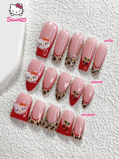 10pcs Sanrio Fall Press On Nails, 3D Hello Kitty Red French With Leopard Pattern And Rhinestone Cherry Charms, Handmade Cute Nail Set