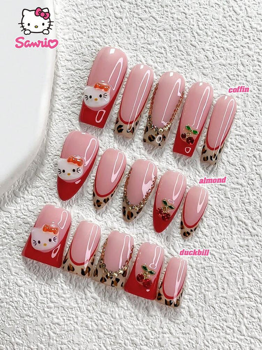10pcs Sanrio Fall Press On Nails, 3D Hello Kitty Red French With Leopard Pattern And Rhinestone Cherry Charms, Handmade Cute Nail Set