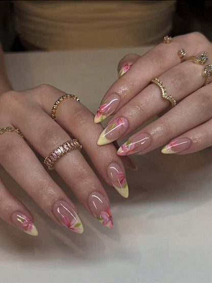 24pcs Medium Almond Press On Nails, Yellow French Tips With Floral Design, Glossy Full Cover Acrylic Nails For Women Summer Daily Nail Art