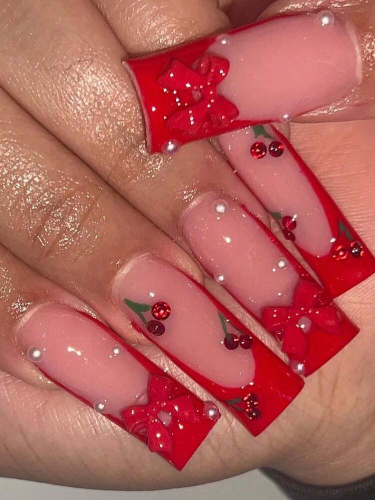 24pcs Soft French Press On Nails, Black And Red Plum Blossom Pattern, Romantic Dark Style Nail Set With File For Women Daily Wear