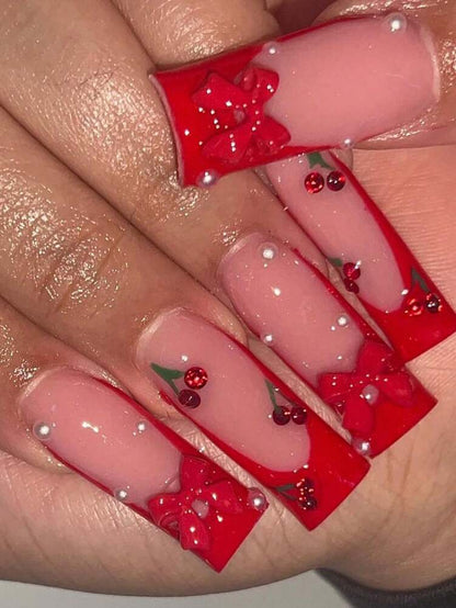 24pcs Soft French Press On Nails, Black And Red Plum Blossom Pattern, Romantic Dark Style Nail Set With File For Women Daily Wear