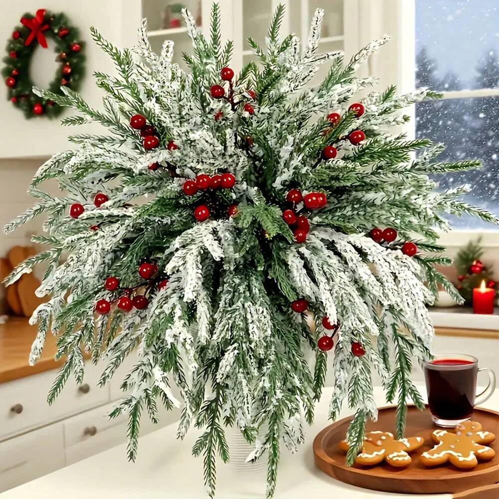 Artificial Pine Branches with Red Berries (2/10pcs), 14-Inch Realistic Greenery for Christmas Wreaths, Canes, Vases, and Holiday Tree Decorations