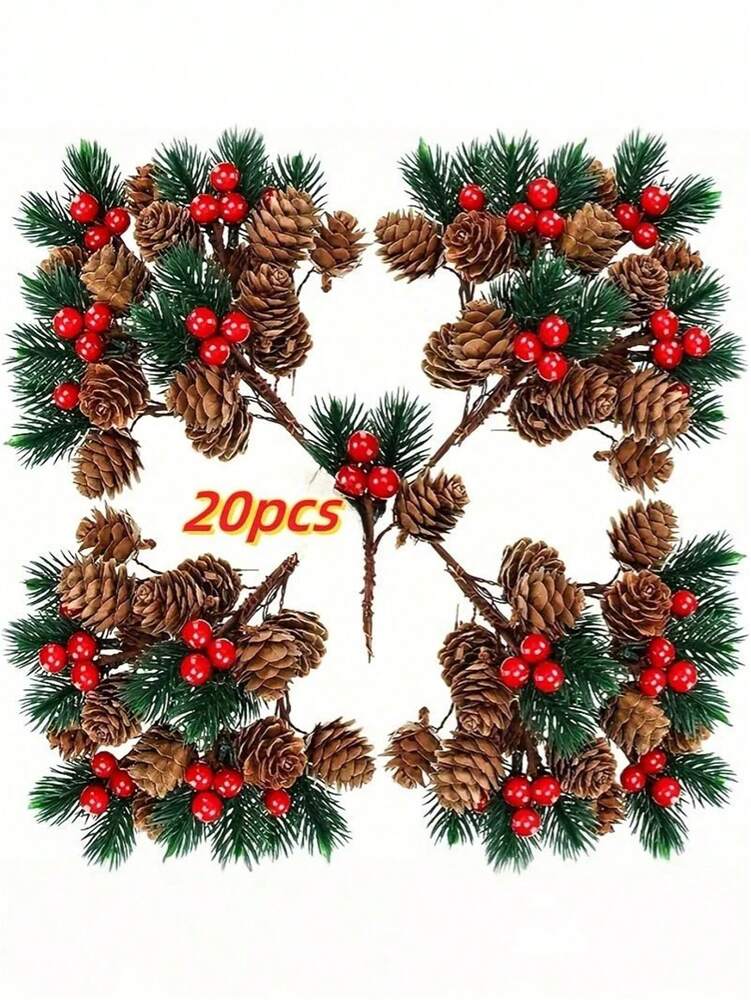 20pcs Artificial Red Berry Pine Branches, Pinecones and Berries Stems for DIY Wreaths, Garlands, Centerpieces, and Holiday Party Decor