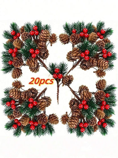 20pcs Artificial Red Berry Pine Branches, Pinecones and Berries Stems for DIY Wreaths, Garlands, Centerpieces, and Holiday Party Decor