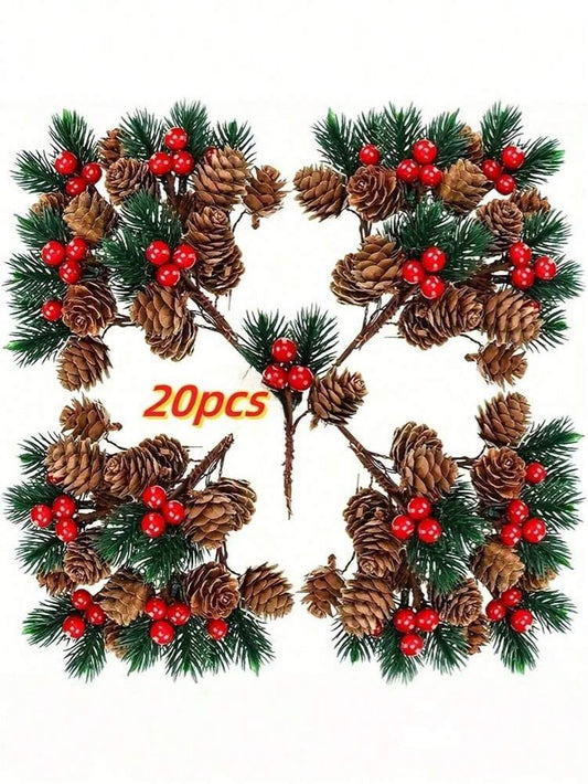 20pcs Artificial Red Berry Pine Branches, Pinecones and Berries Stems for DIY Wreaths, Garlands, Centerpieces, and Holiday Party Decor