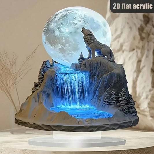 1pc Transparent 2D Acrylic Wolf and Full Moon Display Stand, Bohemian Dreamlike Tabletop Ornament, Multicolor Plaque for Home or Office
