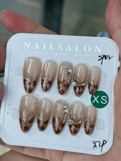 10pcs Leopard Print Press On Nails, Shibuya Gyaru French Gold Edge Design With Star And Butterfly Charms, Vintage Y2K Nail Set