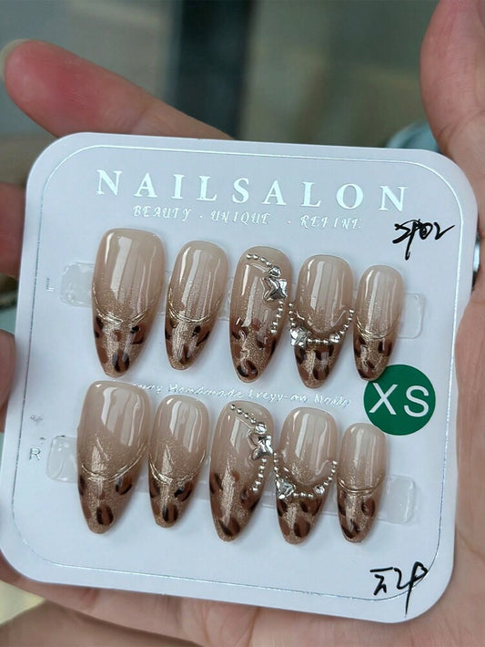 10pcs Leopard Print Press On Nails, Shibuya Gyaru French Gold Edge Design With Star And Butterfly Charms, Vintage Y2K Nail Set