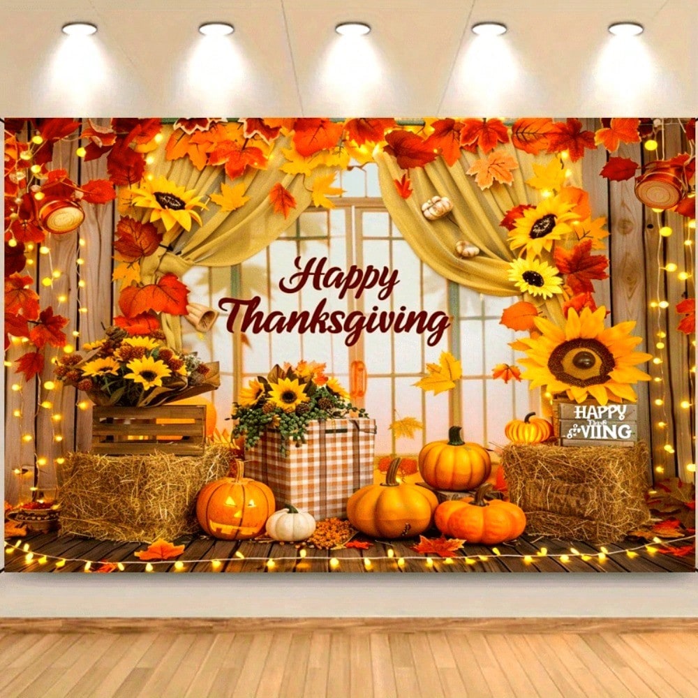 Thanksgiving Polyester Banner Backdrop, Pumpkin and Sunflower Harvest Theme, Non-Electric Autumn Decoration for Wall, Party, or Photo Booth Display