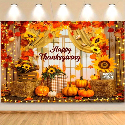 Thanksgiving Polyester Banner Backdrop, Pumpkin and Sunflower Harvest Theme, Non-Electric Autumn Decoration for Wall, Party, or Photo Booth Display