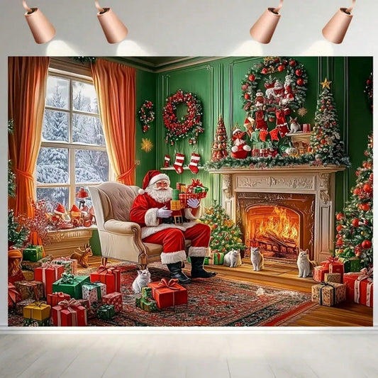 2D Polyester Christmas Party Background Banner, Snow and Ornament Design, Ideal for Homes, Walls, and Holiday Photoshoots