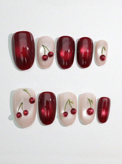 10pcs Handmade Cherry Cat Eye Press On Nails, Glossy 3D Bright Design, Niche Style Acrylic Nail Set For Women Daily Or Party Wear