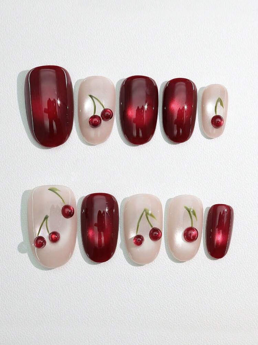 10pcs Handmade Cherry Cat Eye Press On Nails, Glossy 3D Bright Design, Niche Style Acrylic Nail Set For Women Daily Or Party Wear