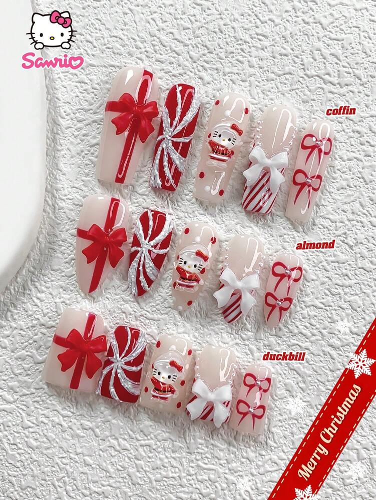 10pcs Sanrio Christmas Press-On Nails, 3D Hello Kitty Red Bow & Elk Charms, Handmade Pearl French Tips with Polka Dot Art, Holiday Nail Set for Women