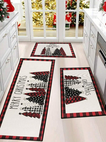 Merry Christmas Red Plaid Door Mat, Non-Slip Washable Entry Rug with Tree Print, Holiday Welcome Mat for Front Door or Home Decor