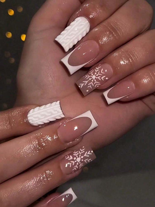 24pcs Christmas White French Press On Nails, Sweater Texture And Snowflake Design, Medium Length Holiday Nail Set With Jelly Gel & File