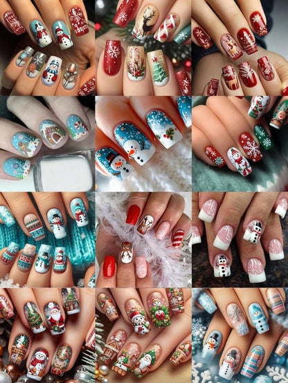 288pcs Short Square Christmas Press On Nails, Gingerbread Santa Snowflake Elk Design, Acrylic False Nails Large Set For Women Holiday Party