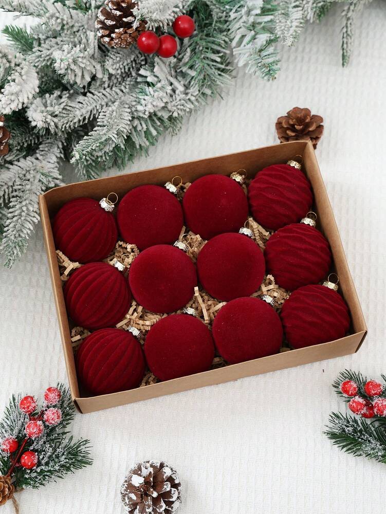 12pcs Burgundy Velvet Christmas Ball Set, Soft Flocked Pom Pom Ornaments, Luxurious Baubles for Holiday Trees, Gifts, and 2026 New Year Decorations