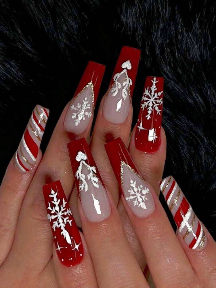 24pcs Long Coffin Christmas Press On Nails, White Elk And Snowflake Design With Gold Glitter, Elegant Glossy Nail Set For Women Daily Use