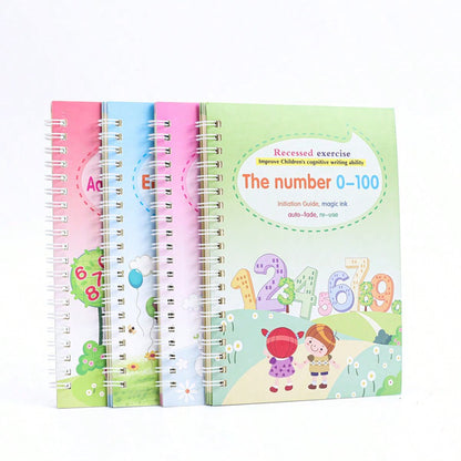 4pcs Magical Reusable Handwriting Workbooks, Magic Calligraphy Copybook Set with Pen and Refills, Fun Tracing Practice Books for Preschool Writing