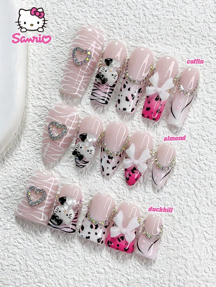 10pcs Sanrio Pink Hello Kitty Press On Nails, Duckbill Almond Square Mix With Bow Heart Rhinestones, Pink Leopard Ice Clear French Nails
