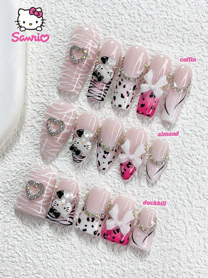 10pcs Sanrio Pink Hello Kitty Press On Nails, Duckbill Almond Square Mix With Bow Heart Rhinestones, Pink Leopard Ice Clear French Nails